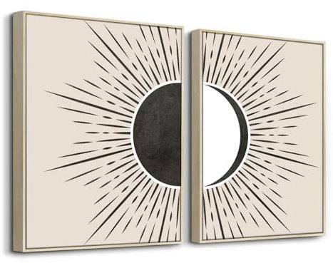 hyidecorart Sonne und Mond Boho Bilder Mit Rahmen Holz, Abstract Schwarz Linien Beige Geometrie Nordische Minimalistisch Modern Wandbilder Wohnzimmer Schlafzimmer Küche Esszimmer Büro Badezimmer