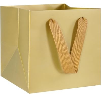 AZOWA Gold Papier Geschenktüte Klein quadratische Geschenktüten mit Henkel Party Geschenk Papiertüten (20 x 20x 20 cm, 10 Stück)