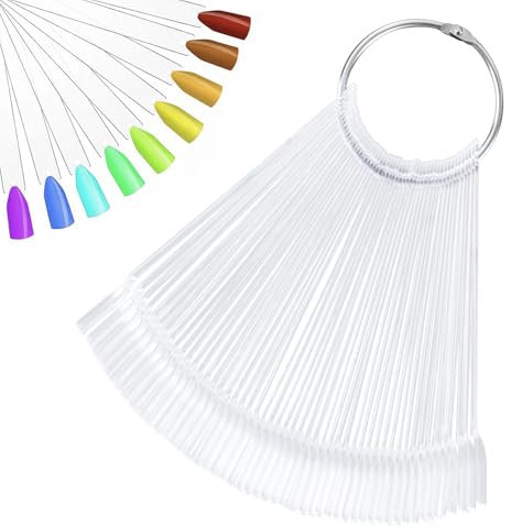 HonGien 50 Pièces Presentoir Ongles Cartes Nuancier Ongle Présentoir Transparent pour le Nail Art Pour la Pratique de la Manucure Avec Anneau en Métal(Eventail)