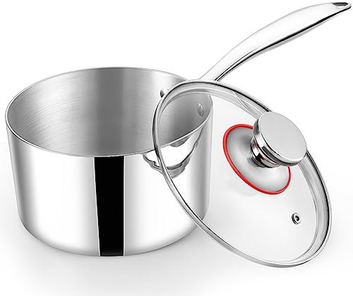 Stielkasserolle 18cm, Onader 3-Lagen Edeastahl Milchtopf Kochtopf für Alle Herdarten Einschließlich Induktion, 2,4L Kasserolle mit Glasdeckel, Gesund & Spülmaschinenfest