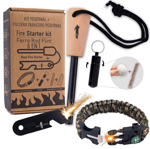 John Lossag Kit Pedernal Supervivencia Profesional con Pulsera Paracord Mini Pedernal Ferrocerio Multiusos Regla