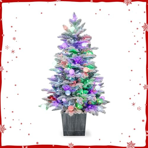 GYMAX Mini Albero di Natale Illuminato 100 cm, in Vaso, con 80 Colorate Luci LED, 148 Rami e Base in Cemento, Albero Innevato per Casa, Negozio, Ufficio