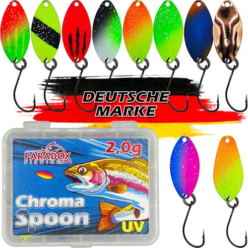 Paradox Fishing Forellen Spoon Set I 10 Spoons 2,5g mit Spoon Box und 5 Snaps I Forellenköder Set zum Forellen Angeln Forellenteig - Spoons Forelle