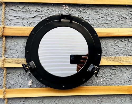 CREATIVEERA Ojo de buey náutico de latón con espejo | Portilla de ventana de pared | Portilla redonda para ventana de barco | Decoración de pared de dormitorio y baño de 12 pulgadas (aluminio, negro)