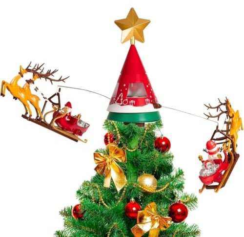 BAKAJI Puntale Rotante con Slitte di Babbo Natale e Renne, Decorazione Addobbo per Albero Luminoso con Luci LED Bianco Caldo, Decorazioni Addobbi Natalizi Musicali Girevoli con Attacco USB