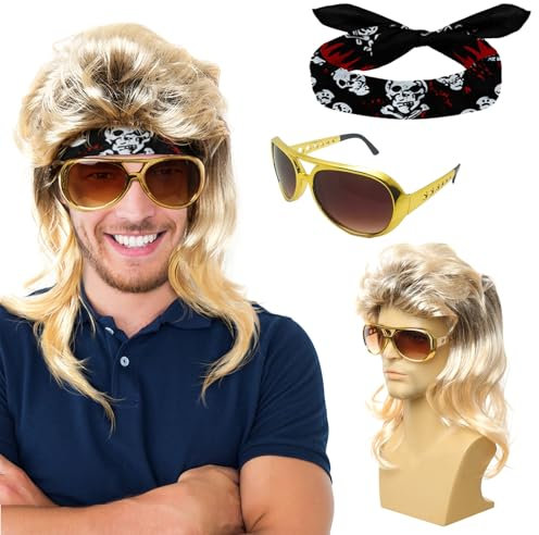 Hippie Kostüm Set, 80er 70er Jahre Bekleidung, Perücke, Faschingskostüme Männer, Karneval Kostüme Accessoires, Hippie Kleidung Mit Sonnenbrille Headscarf Fasching Punk (Disco)