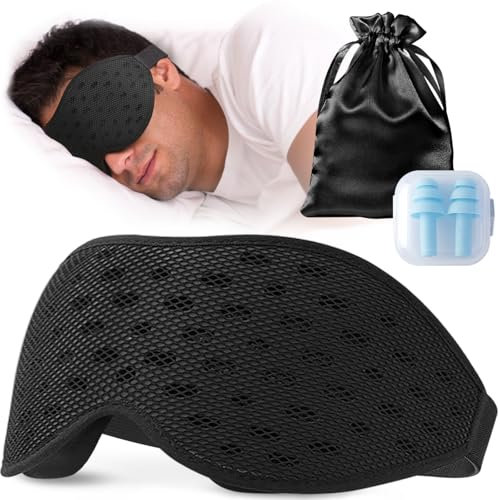 Umisleep Atmungsaktive 3D Schlafmaske für Seitenschläfer, Bequeme, Leichte Schlafbrille für Herren Frauen, mit Aufbewahrungstasche & Ohropax für Flugzeug, Reise, Büro, Schwarz