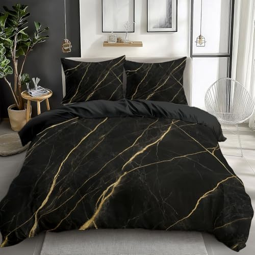 Generisch Luxuriöses Bettwäsche Set Schwarz Gold Marmoroptik – 3-teiliges Mikrofaser Bettbezug Set 180x200 cm mit Kissenbezügen, Weich Atmungsaktiv und Modern für Stilvolle Schlafzimmer