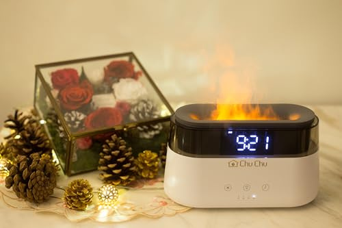 CHU CHU FirePit Diffusore di Aromi e Umidificatore con Effetto Firelight, Orologio Digitale, 22 Modalità di Luce, Impostazioni Allarme, Bianco