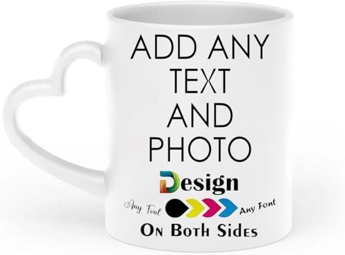 EKAM Personalised Heart Handle Mug - 11oz Coffee Cup with Customised Text Logo Design and Picture - Ceramic Coffee Cup for Loved Ones, Suitable Gift for Birthdays, Anniversaries, or Special Moments!