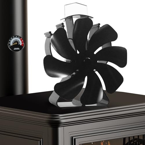 HEUNGBERANT Ventilateur de cheminée, 8 feuilles, silencieux, sans courant, avec thermomètre, pour bois/foyer/tuyau de poêle