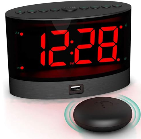 KOSINGNA Extra Loud Alarm Clock with Wireless Bed Shaker, Vibrating Dual Alarm Clock for Heavy Sleepers, Deaf and Hearing-impaed, Adjustable/Dimmer/up Mode, USB Charger Port, ow Shaker