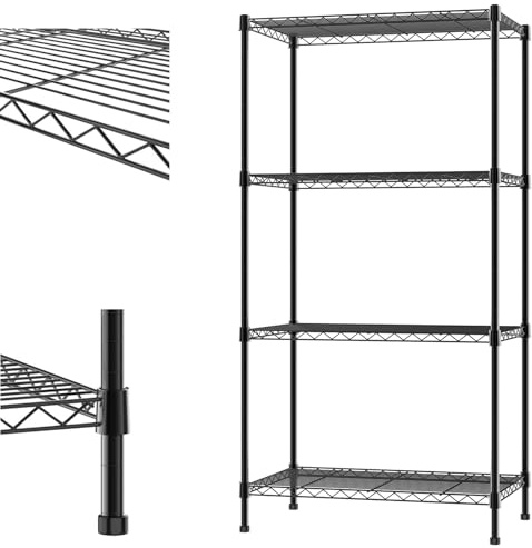 4 Tier Heavy Duty Shelving Units, Adjustable Metal Wire Shelving Units with Levelling Feet Free Standing Storage Shelf for Home Kitchen Garage Pantry Living Room Warehouse, Max Load Capacity: 160kg