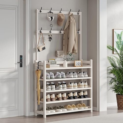BSTHO Shoe Rack Coat Rack Hallway Storage Stand Freestanding Contemporary Iron for Space-Saving Footwear Storage and Organization Closet or Entryway Display. Durable Shoe Organizer Shelf (White)