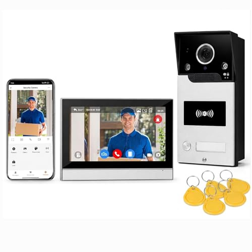FTes RFKits Tuya Videocitofono con WLAN, Videocitofono 1080p con Telecamera, 4 Fili, Sblocco tramite App/Carta, Rilevamento del Movimento, Registrazione e Riproduzione (25 cm)