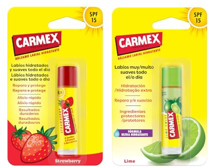 Carmex Bálsamo Labial SPF 15, Pack Click Stick Fresa + Click Stick Lima