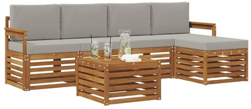 vidaXL Sofagarnituren 6 pcs Natürlich und Hellgrau Massivholz Akazie, Moderner Garten-Sofa, haltbare Terrasse Sitzgelegenheiten, bequemes Lounge-Möbel für draußen