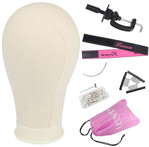 Leeven 22 Inch Canvas Wig Head for Making Wig Poly Mannequin Head With T Pins and Clamp Stand for Display/Styling Canvas Block Head 22 Inch