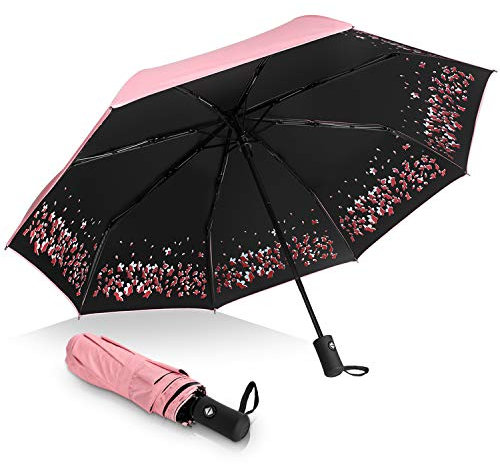 FuWinet Auto-Regenschirm, winddicht, Anti-Regen/Sonne, Sakura, faltbarer Regenschirm (Auto-Pink)