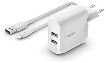 Belkin Boost Charge USB-A-Netzladegerät, 24 W, mit zwei Anschlüssen und USB-A/Lightning-Kabel (für iPhone SE, 11, 11 Pro, 11 Pro Max, XS, XS Max, XR, X, 8, iPad und AirPods)