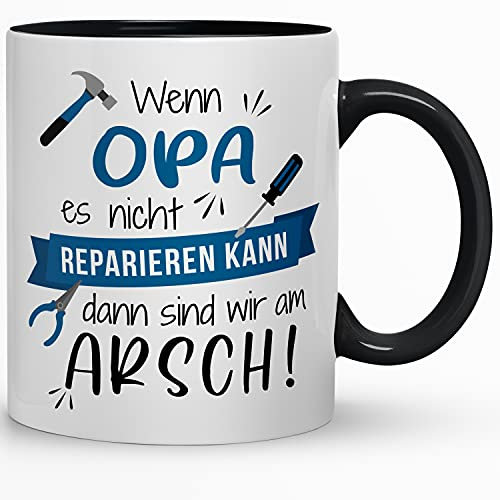 Tasse Wenn Opa es nicht Reparieren kann | Lustiger Kaffeebecher für Opa | Geschenkidee zum Geburtstag oder Weihnachten | 330 ml Keramiktasse - Spülmaschinenfest, Farbe: Schwarz-Blau