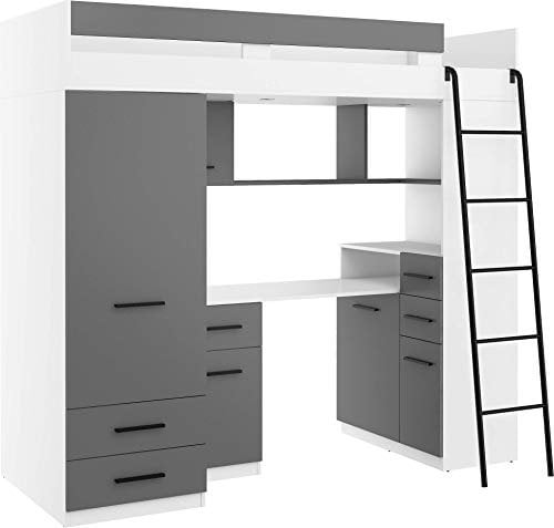 Hochbett mit Schreibtisch, Schubladen, Kleiderschrank und Bücherregal - SMYK R - (Weiß/Graphite)