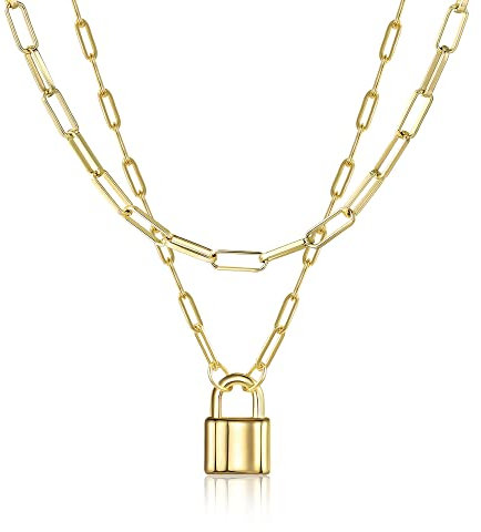 Dainty Lock Necklace for Women | Paperclip Chain Lock Pendant Necklace, Brass, n ,