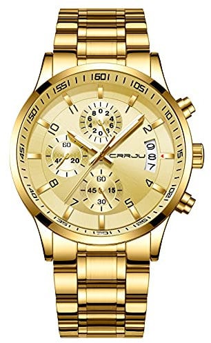 CRRJU Herren Uhr wasserdichte Chronographen Armbanduhr Männer Edelstahlarmband Business Analog Quarzuhr mit Kalender (Gold Gold)