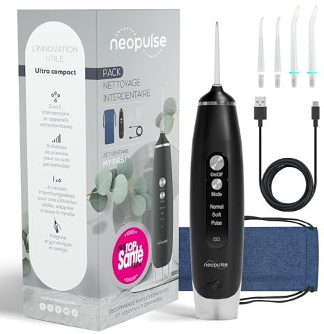 NEOPULSE MY FIRST - Kabellose Munddusche, Schwarz, 165 ml | 2 in 1 - 4 Kanülen - 6 einstellbare Druckstufen - Abnehmbarer Tank 165ml - Reinigt Zahnspangen