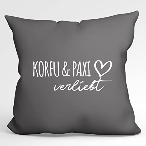 huuraa Kissen Korfu & Paxi verliebt Deko Sofakissen mit Füllung 40x40cm mit Füllung Steel Grey mit Namen deiner lieblings Insel Geschenk Idee für Freunde und Familie