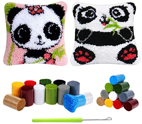 Kinsinder 2 Stück Kissenbezug Knüpfset Panda, Knüpfkissen Set, Knüpfteppich Zum Selber Knüpf-Sets, DIY Knüpfteppich Knüpfpackung, Latch Hook Kits für Kinder und Erwachsene