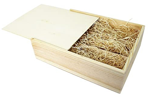 HW HOLZKISTEN-WELT Weinkiste Schiebedeckel Holzwolle Teiler 3 Flaschen 36x28x11,5cm - Holzkiste Weinbox Weinverpackung Kiste Deckel