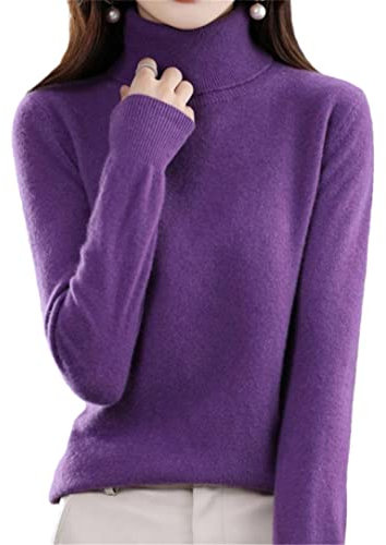 Ruereuu Maglione in cashmere Pullover a collo alto da donna filettato a maniche lunghe in maglia corta, Viola scuro, XL