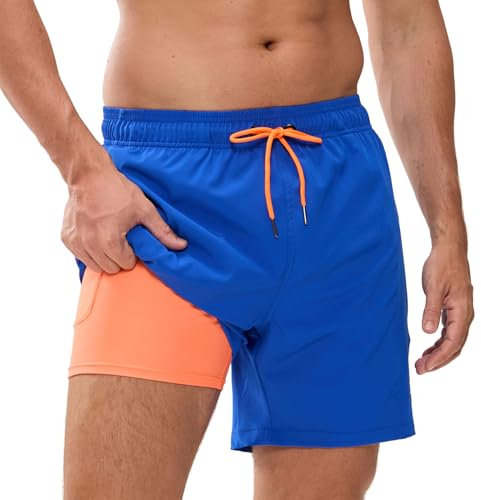 Aisprts Bañador Hombre Shorts de Baño 2 en 1 con Forro de Compresión Pantalones Cortos de Natación Elásticos de Secado Rápido Shorts de Playa con 2 Bolsillos con Cremallera