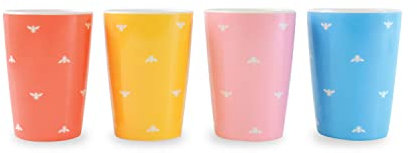 Joules Outdoor Dining Set of 4 Melamine Picnic Bee Design Drinking Cups, Great for picnics
