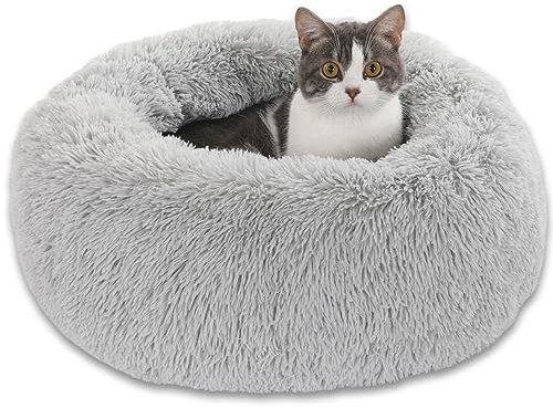 Enjamoy Hundebett Flauschig Donut Plüsch Katzenbett Hundekissen, Waschbar Rund Hundebetten für Kleine, Mittelgroße Hunde Katzen, Hellgrau 50cm