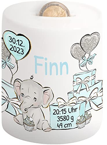 Kinder-Spardose als personalisiertes Babygeschenk für Jungen „Elefantenbaby“ – Neugeborenen Geschenk zur Geburt - Sparschwein für Jungs - Baby Geschenk für Jungen zur Taufe und Geburtstag (Blau)