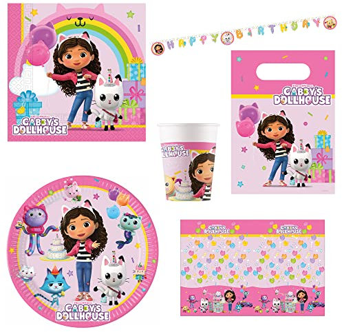 Procos PRO10245290DY - Set de fête XL Gabby's Dollhouse, 46 pièces, assiettes, nappe, gobelets, serviettes, sacs, bannières, set de vaisselle, vaisselle pour enfants