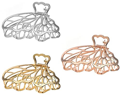 KOMUNJ 3 horquillas de metal para el pelo, pinzas grandes de mariposa para el pelo, pinzas de metal grandes, para mujeres y niñas, dorado/oro rosa/plata