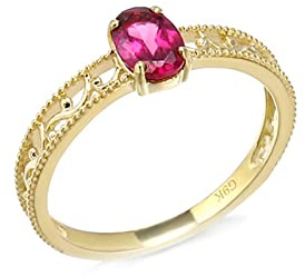 Ayoiow 18K Oro Giallo Anelli Oro Donna Ovale Forma Rose Rosso Granato Anelli Promessa