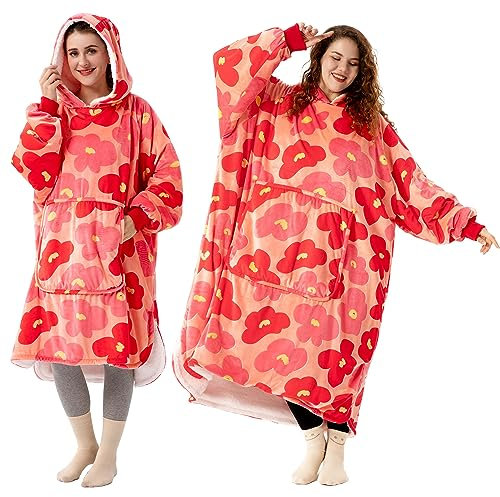 Winthome Hoodie Blanket, Super Soft Warm Sweatshirt Blanket with Giant Pocket, Oversized Blanket Hoodie for Women Men Adult (Red/Flower,XL)