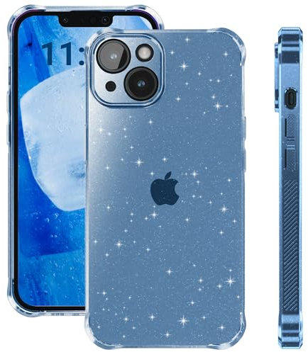 ELEVAVIDA Mobile Phone Case for iPhone 14 Glitter Light Blue Transparent with Camera Protection - Shockproof Antishock Corners, Protective Case Blue for Apple iPhone 14 Glitter Slim Case