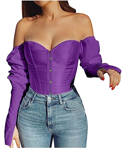 Overbust Corset for Women - Puff Sleeve Off Shoulder Long Sleeve Bustier, Sexy Satin Basque, Solid Steel Boned, Short Rococo Punk & Gothic Medieval Steampunk Style - Purple S