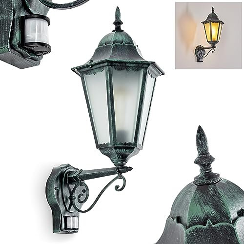 Außenwandleuchte Hongkong, Wandlampe mit Bewegungsmelder in antikem Look aus Metall/Glas in Schwarz-Grün/Milchglas, Wandleuchte Retro/Vintage Design, Außenleuchte für Terrasse, E27, ohne Leuchtmittel