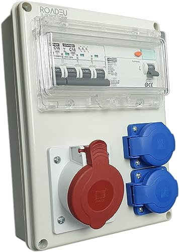 RoadEu - Coffret de chantier 16A 5P, 2x Prises - Disjoncteur Différentiel - Disjoncteur LS C16A - Répartiteur de courant de chantier IP44 - Prise industrielle Murale