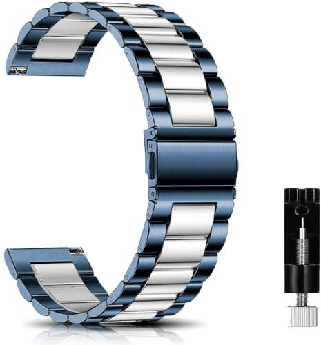 SeNool 22mm Armband für Garmin Forerunner 265/Forerunner 255/Garmin Vivoactive 4/Garmin Venu 2, Metall Ersatzarmband Uhrenarmband für Amazfit Cheetah/Cheetah Pro/Amazfit Bip 5 - Blaues Silber