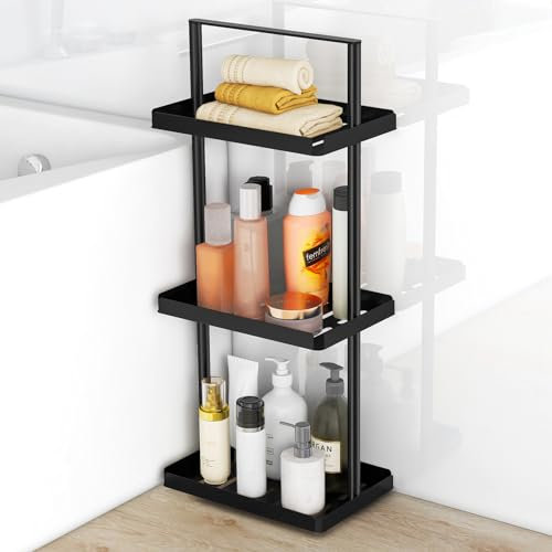 STWWO Duschregal Mit 3 Etagen, Ecke, Badezimmer-Organizer Mit Griff, Metall-Regal für Shampoo, Badewanne, Schwarz