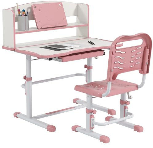 ZONEKIZ Scrivania per Bambini con Sedia, Set Banco Scuola Regolabile in Altezza con Cassetto e Piano Inclinabile, Età 6-12 Anni, Rosa