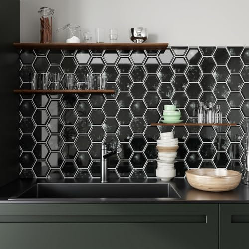 CRE8TIVE Piastrelle Adesive Esagono Nero Paraschizzi Cucina Impermeabile Piastrelle Adesive Bagno 3D Mattonelle Adesive Cucina Piastrelle Adesive Muro Lavanderia per le Scale 4 Pezzi 30.5cm x 30.5cm