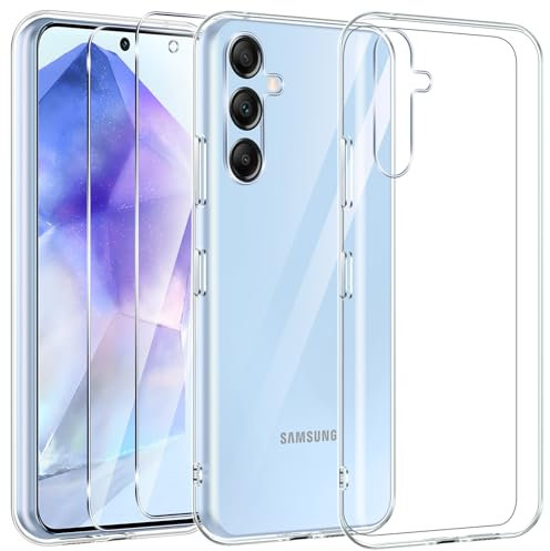 Kokio Couqe pour Samsung Galaxy A55 5G avec 2 Pièces Verre Trempé Protection écran, Transparente Silicone TPU Bumper Housse pour Samsung A55 Anti-Choc, Anti-Scratch HD Clair Étui Protection Case